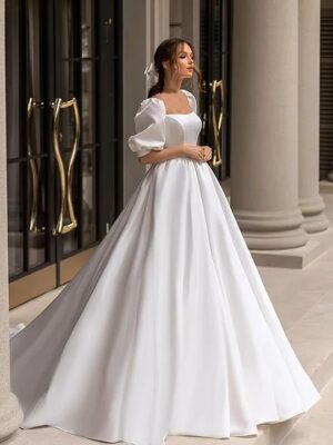 SoDigne 2023 Modern Boho Wedding Dresses Satin Short Sleeves Bow Square Collar Appliques Bride Dress Customized Wedding Gowns