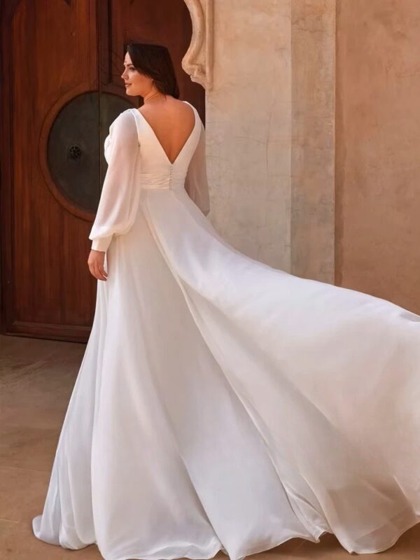 Simple Wedding Dresses Plus Size Deep V Neck Long Sleeves Bride Gowns Back Button Sweep Train A-Line Vestido De Noiva 2024 – Bild 2