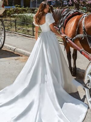 SoDigne Boho Satin A-Line Wedding Dress 2022 Elegant Short Puff Sleeves Square Neck Women Princess Bridal Gown Customized 4 S1c04f635eecb44529a17ad2c230711ee4 Cropped