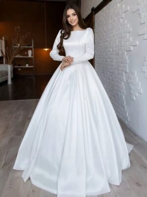 SoDigne A-line Satin Simple Wedding Dresses O-neck Full Sleeves Appliques Bridal Dress Long Bridal Gown 2025 Customized