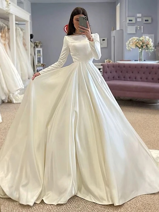 SoDigne Conservative Wedding dress Satin Wedding Dresses Full Sleeve Muslim Bridal Gown Modest Long Wedding Gown Customized 1 SoDigne Conservative Wedding dress Satin Wedding Dresses Full Sleeve Muslim Bridal Gown Modest Long Wedding Gown Customized