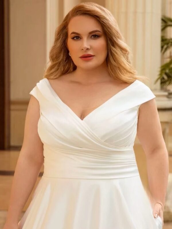 Elegant Wedding Dress For Women Plus Size Satin V-Neck Off The Shoulder Bride Gown Lace Up Sweep Train A-Line Robe De Mariée – Bild 3