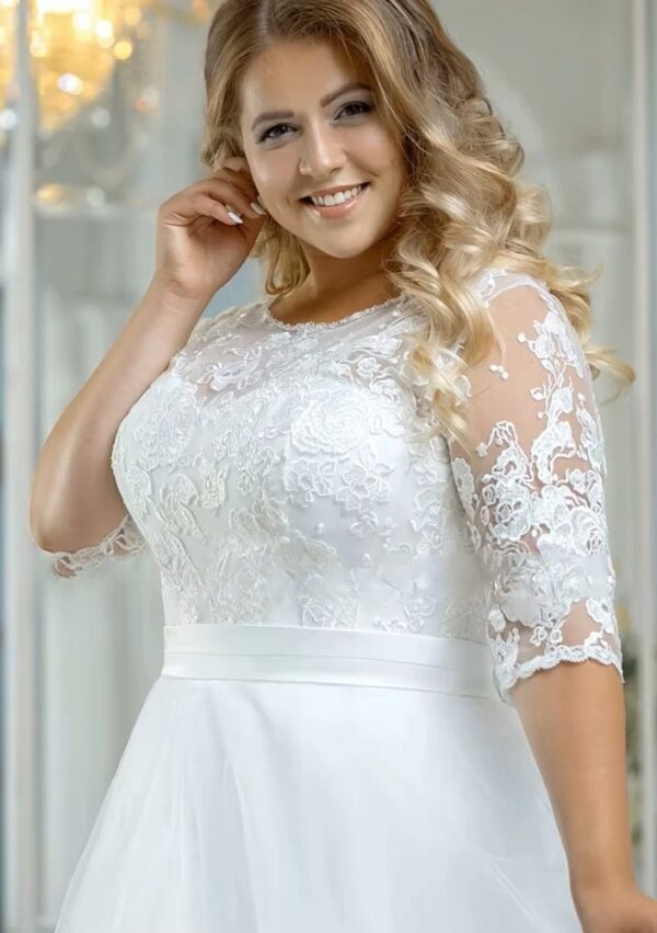 Vintage O-Neck Wedding Dresses Plus Size 3/4 Sleeves Bride Gowns Back Button Appliques A-Line Floor Length Tulle Robe De Mariée – Bild 4