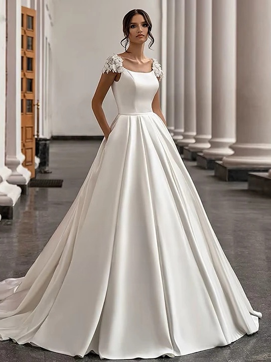 SoDigne Satin Wedding Dress For Women Elegant Cap Sleeves Scoop Neck Flowers Women A-Line Bridal Gown With Pockets Customized 1 SoDigne Satin Wedding Dress For Women Elegant Cap Sleeves Scoop Neck Flowers Women A-Line Bridal Gown With Pockets Customized
