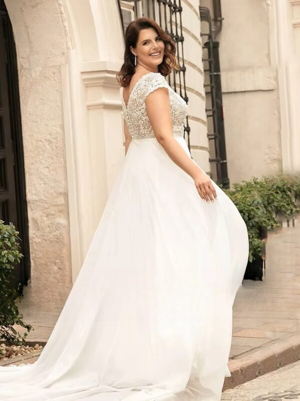 Classic Chiffon Wedding Dresses Plus Size V-Neck Cap Sleeves Bride Gowns Lace Back Button Sweep Train A-Line Vestido PSL980012 – Bild 2
