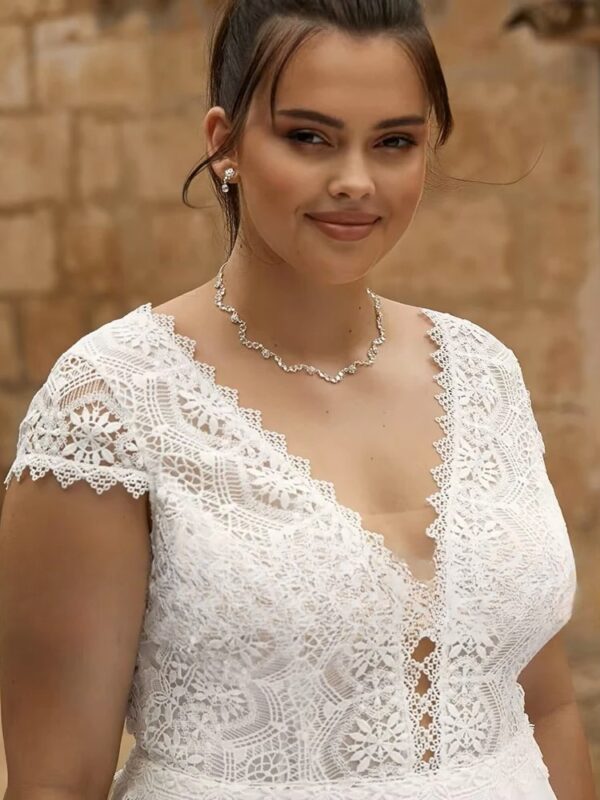 Customized Lace Wedding Dresses Plus Size V Neck Short Sleeves Backless Bride Gowns Sweep Train A-Line Chiffon Vestido De Noiva – Bild 3