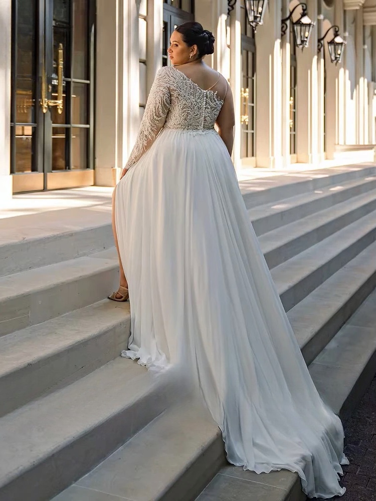 Customized Chiffon Wedding Dresses Plus Size O Neck One Shoulder Bride Gowns Applique Floor Length Front Slit A-Line Robe De 2 Customized Chiffon Wedding Dresses Plus Size O Neck One Shoulder Bride Gowns Applique Floor Length Front Slit A-Line Robe De – Bild 2