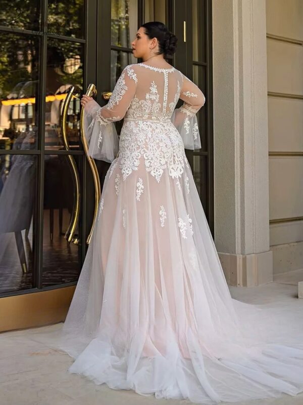 Sexy Wedding Dresses Plus Size V Neck Long Sleeves Illusion Bride Gowns Appliques Floor Length Tulle A-Line Vestido De Noiva – Bild 2