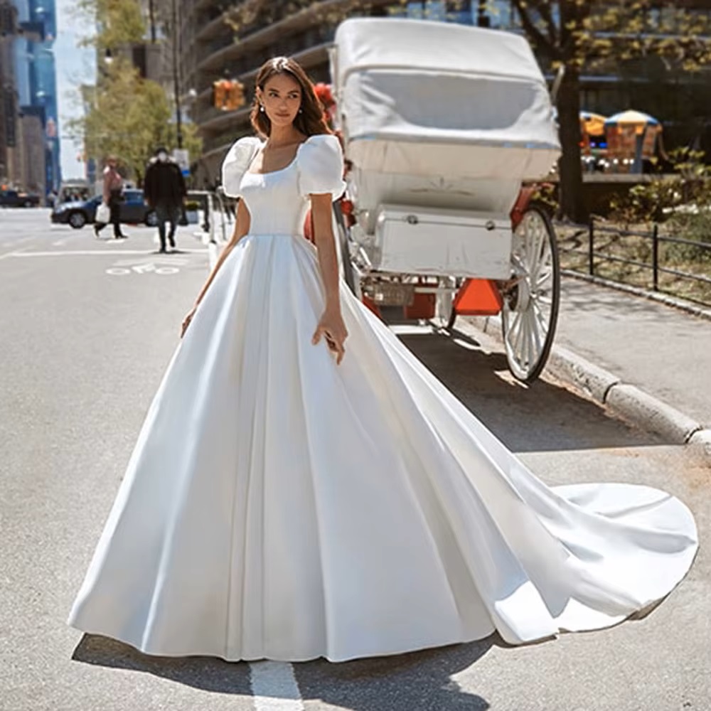 SoDigne Boho Satin A-Line Wedding Dress 2022 Elegant Short Puff Sleeves Square Neck Women Princess Bridal Gown Customized 3 SoDigne Boho Satin A-Line Wedding Dress 2022 Elegant Short Puff Sleeves Square Neck Women Princess Bridal Gown Customized – Bild 3