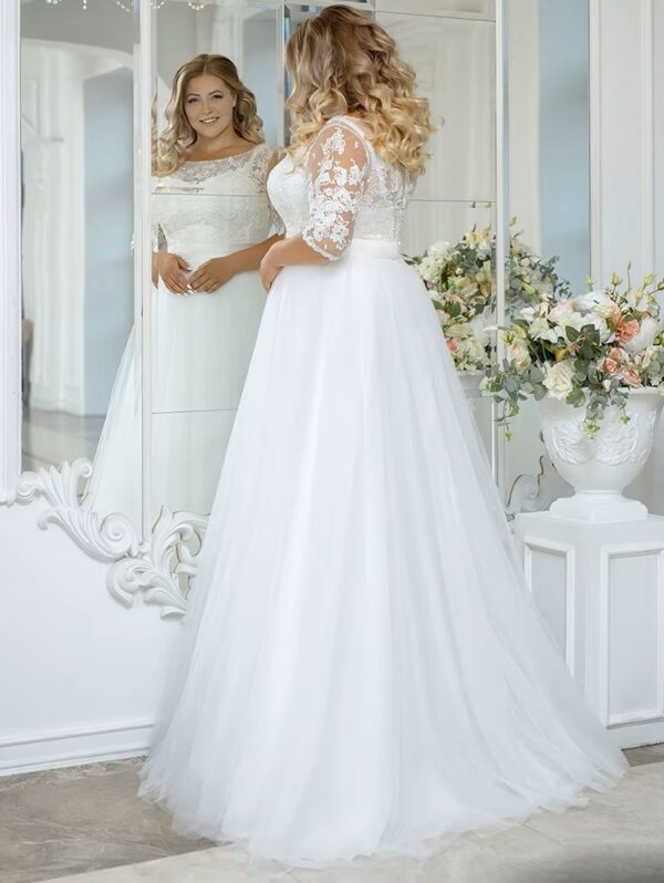 Vintage O-Neck Wedding Dresses Plus Size 3/4 Sleeves Bride Gowns Back Button Appliques A-Line Floor Length Tulle Robe De Mariée – Bild 2