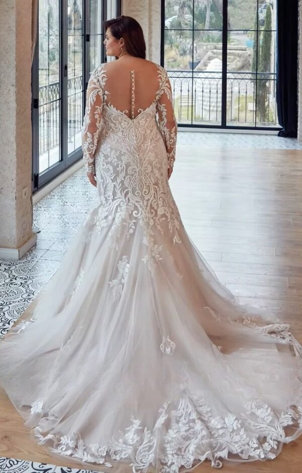 Mermaid Wedding Dresses Plus Size V Neck Long Sleeves Bride Gowns Lace Appliques Sweep Train Tulle Vestido De Noiva PSL98003 – Bild 2