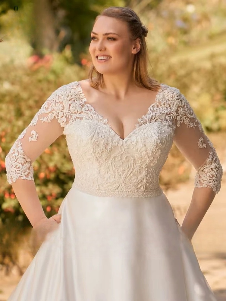 Classic Wedding Dresses 2023 Plus Size V-Neck 3/4 Sleeves Bride Gowns Back Lace-up Lace Applique A-Line Satin Robe De Mariage 2 Classic Wedding Dresses 2023 Plus Size V-Neck 3/4 Sleeves Bride Gowns Back Lace-up Lace Applique A-Line Satin Robe De Mariage – Bild 2