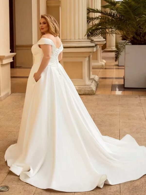 Elegant Wedding Dress For Women Plus Size Satin V-Neck Off The Shoulder Bride Gown Lace Up Sweep Train A-Line Robe De Mariée – Bild 2