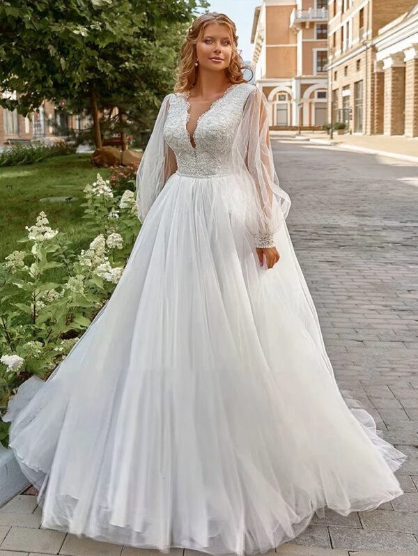 Pastroal Plus Size Wedding Dresses For Bride V-Neck Puff Sleeves Bride Gown Lace Applique Sweep Train A-Line Robe De Mariée – Bild 3