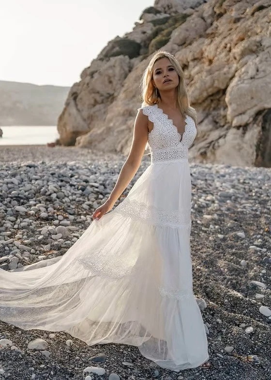 SoDigne A-line Boho Wedding Dresses V-neck Sleeveless Lace/Tulle Bridal Dress Beach Long Wedding Gown Robe De Mairee Customized 3 SoDigne A-line Boho Wedding Dresses V-neck Sleeveless Lace/Tulle Bridal Dress Beach Long Wedding Gown Robe De Mairee Customized – Bild 3