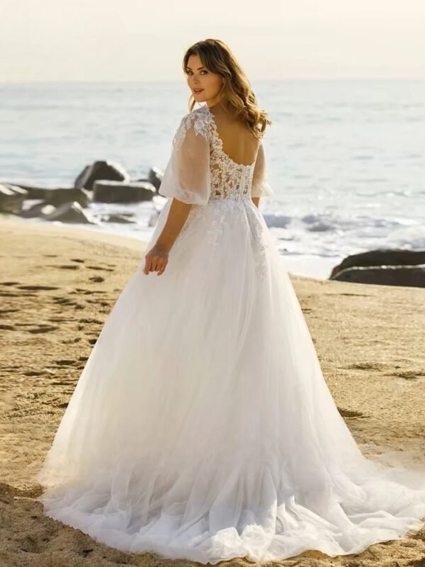 Beach Wedding Dresses Plus Size V Neck Puff Illusion Sleeves Bride Gowns Appliques Floor Length A-Line Tulle Vestido PSL980026 – Bild 2