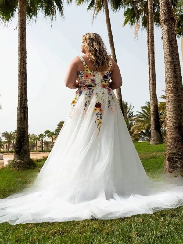 Sexy Wedding Dresses Plus Size 2023 Deep V-Neck Lace Up Bride Gowns With Flowers Tulle A-Line Sweep Train Vestido De Noiva – Bild 2