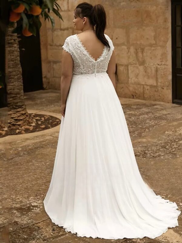 Customized Lace Wedding Dresses Plus Size V Neck Short Sleeves Backless Bride Gowns Sweep Train A-Line Chiffon Vestido De Noiva – Bild 2