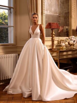 SoDigne A Line Simple Women Wedding Dresses V Neck With Pockets Bridal Dress Backless Sexy Satin Wedding Gowns Customized