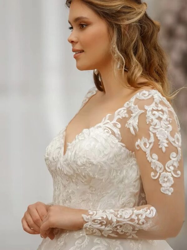 Pastrol Customized Wedding Dresses V Neck Bride Gowns Lace Appliques Back Lace Up Tulle A-Line Sweep Train Vestidos De Novia – Bild 3