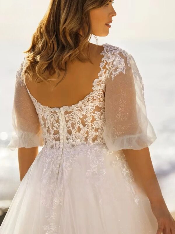 Beach Wedding Dresses Plus Size V Neck Puff Illusion Sleeves Bride Gowns Appliques Floor Length A-Line Tulle Vestido PSL980026 – Bild 4