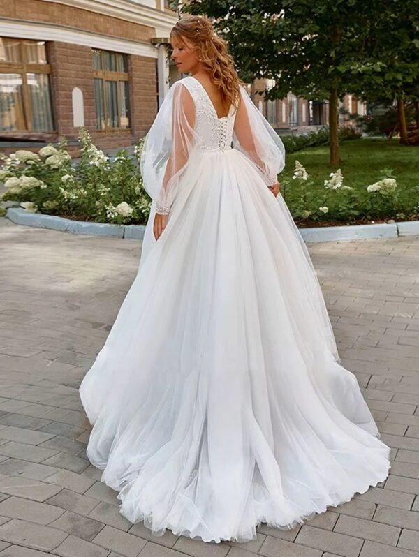 Pastroal Plus Size Wedding Dresses For Bride V-Neck Puff Sleeves Bride Gown Lace Applique Sweep Train A-Line Robe De Mariée – Bild 2