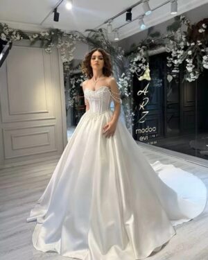 SoDigne A-line Elegant Satin Bride Dresses Sweetheart Sleeveless Pearls Wedding Dress Long Bridal Gown Robe De Mairee Customized
