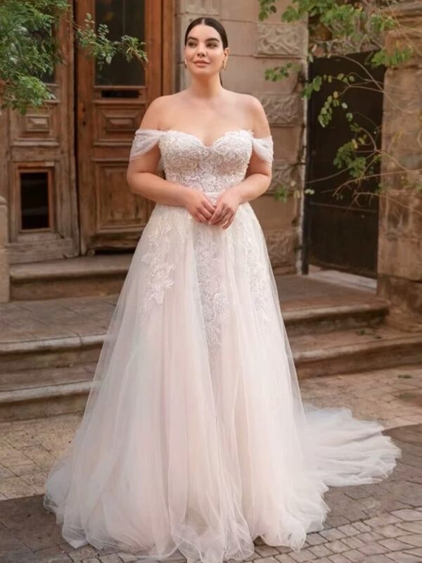 Classic Off Shoulder A-Line Wedding Dresses Plus Size Sweetheart Neck Bride Gowns Appliques Floor Length Tulle Robe De Mariee – Bild 2