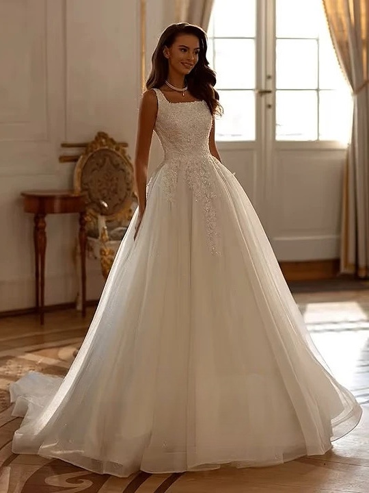 SoDigne A-line Tulle Wedding Dresses Square Collar Sleeveless Appliques Bridal Dress Bride Gown Robe De Mairee Customized  1 SoDigne A-line Tulle Wedding Dresses Square Collar Sleeveless Appliques Bridal Dress Bride Gown Robe De Mairee Customized 