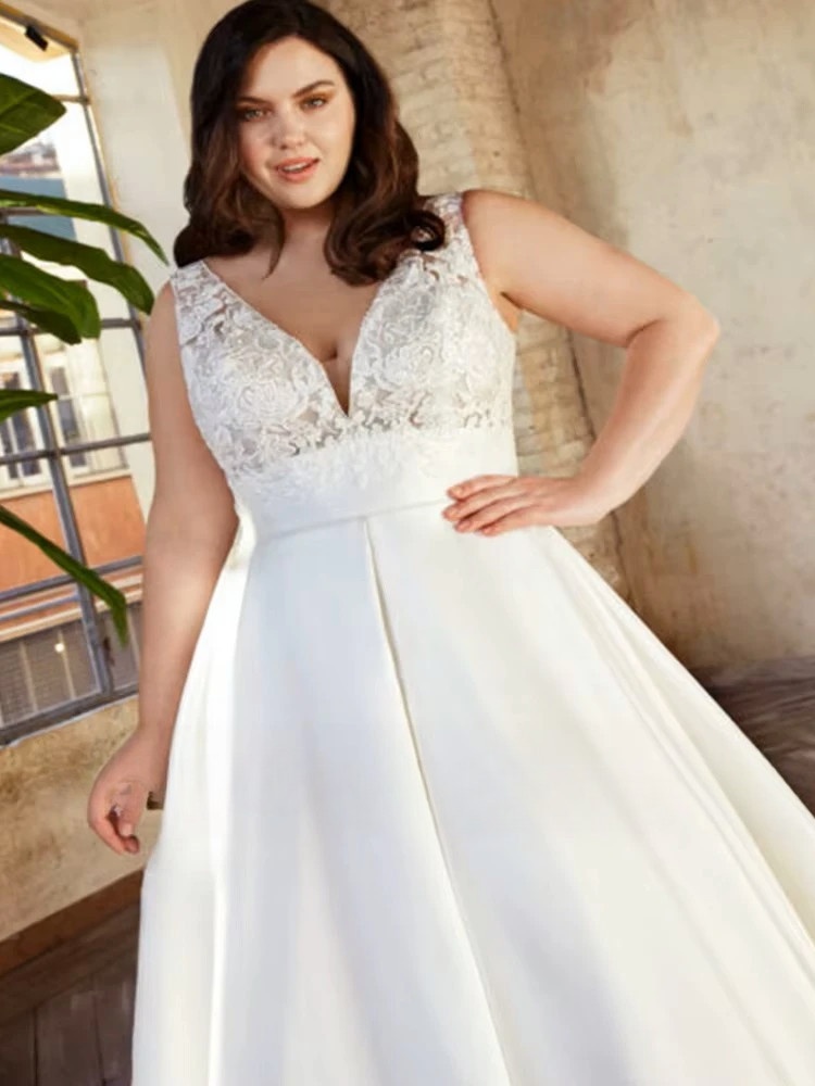 Classic Satin A-Line Wedding Dresses Plus Size V-Neck Sleeveless Bride Gowns Women 2023 Empire Sweep Train Vestido De Noiva 3 Classic Satin A-Line Wedding Dresses Plus Size V-Neck Sleeveless Bride Gowns Women 2023 Empire Sweep Train Vestido De Noiva – Bild 3