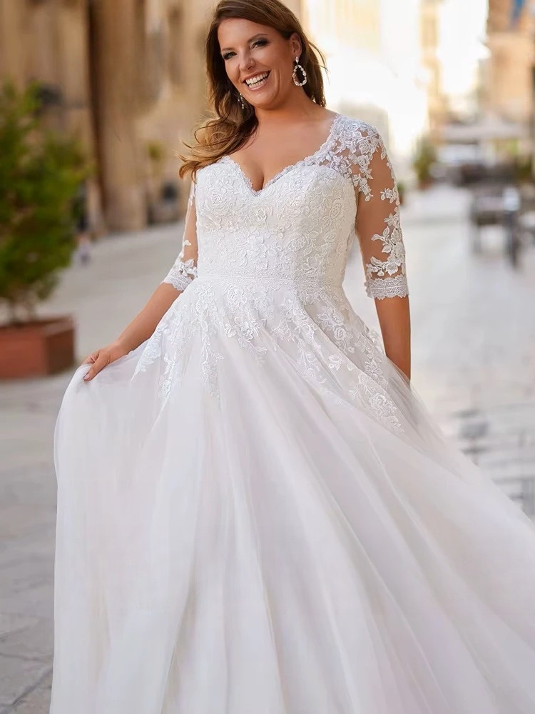 Elegant Tulle Wedding Dresses Plus Size V Neck 3/4 Sleeves Bride Gowns Back Lace Up Sweep Train A-Line Vestido De Noiva 2025 3 Elegant Tulle Wedding Dresses Plus Size V Neck 3/4 Sleeves Bride Gowns Back Lace Up Sweep Train A-Line Vestido De Noiva 2025 – Bild 3