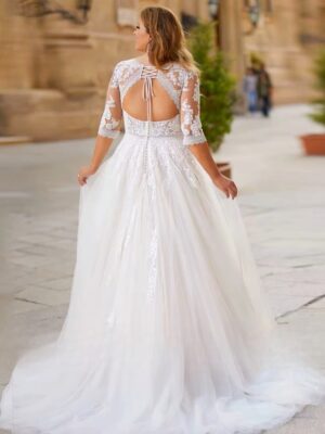 Elegant Tulle Wedding Dresses Plus Size V Neck 3/4 Sleeves Bride Gowns Back Lace Up Sweep Train A-Line Vestido De Noiva 2025 4 Scd41b851ca3f4f42abc04358e52039ffR Cropped