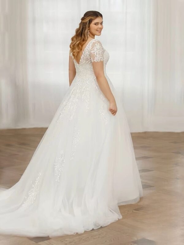Customized Wedding Dresses Plus Size V-Neck Short Sleeves Bride Gowns Lace Applique A-Line Tulle Sweep Train Robe De Mariée – Bild 2