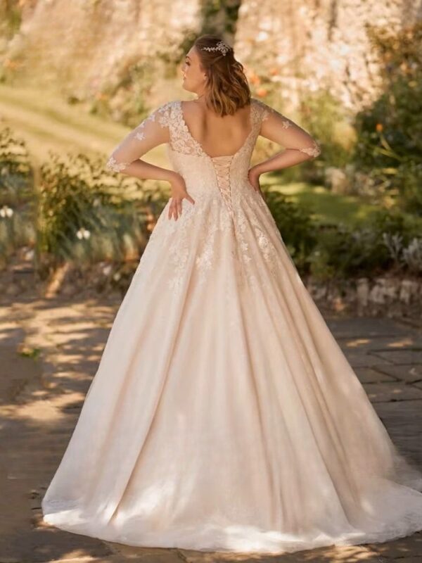Customized Wedding Dresses Plus Size V Neck 3/4 Sleeves Bride Gowns Appliques Lace up Sweep Train Tulle A-Line Robe De PSL98009 – Bild 2