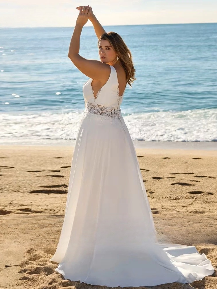 Beach Wedding Dresses Plus Size Deep V Neck Sleeveless Bride Gowns Appliques Back Button Sweep Train A-Line Vestido De Noiva 2 Beach Wedding Dresses Plus Size Deep V Neck Sleeveless Bride Gowns Appliques Back Button Sweep Train A-Line Vestido De Noiva – Bild 2
