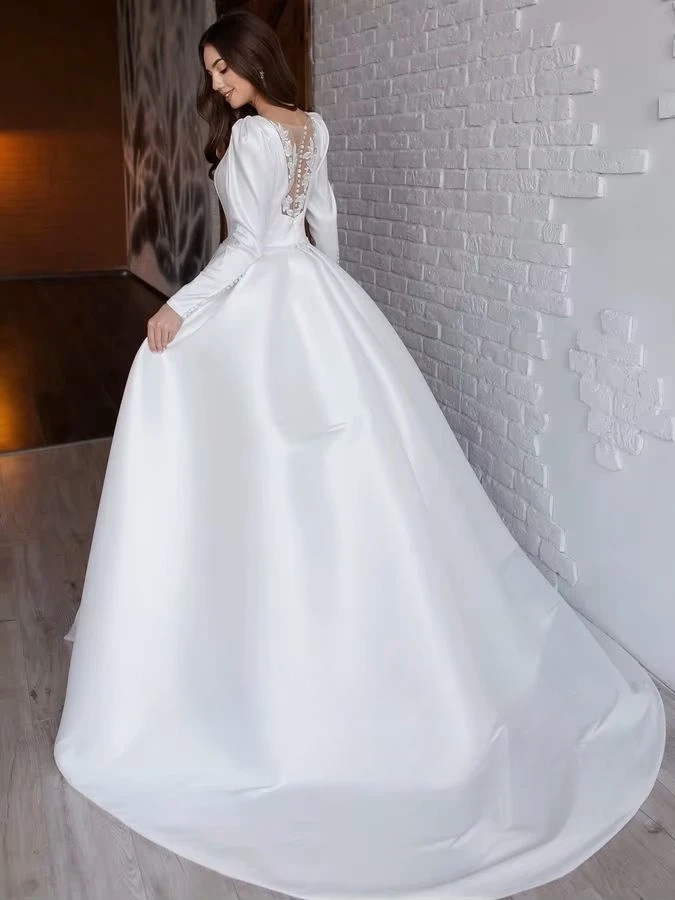 SoDigne A-line Satin Simple Wedding Dresses O-neck Full Sleeves Appliques Bridal Dress Long Bridal Gown 2025 Customized 2 SoDigne A-line Satin Simple Wedding Dresses O-neck Full Sleeves Appliques Bridal Dress Long Bridal Gown 2025 Customized – Bild 2