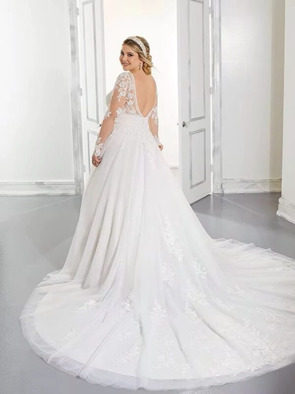 Exquisite Wedding Dresses Plus Size V-Neck Long Sleeves Empire Bride Gowns Lace Applique Sweep Train A-Line Robe De Mariée 2023 – Bild 2