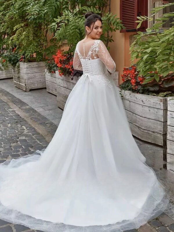Elegant Wedding Dresses Plus Size O Neck Long Sleeves Bride Gowns Appliques Sequined Floor Length A-Line Tulle Vestidos De Novia – Bild 2