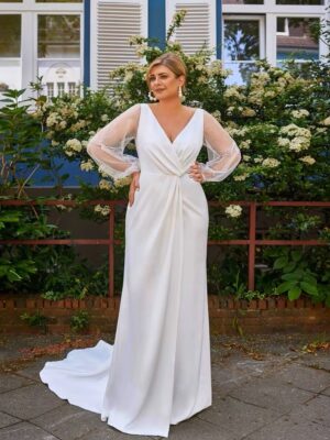 Simple Mermaid Wedding Dresses Plus Size V Neck Long Sleeves Bride Gowns Pleat Back Zipper Floor Length Vestido De Noiva 2025