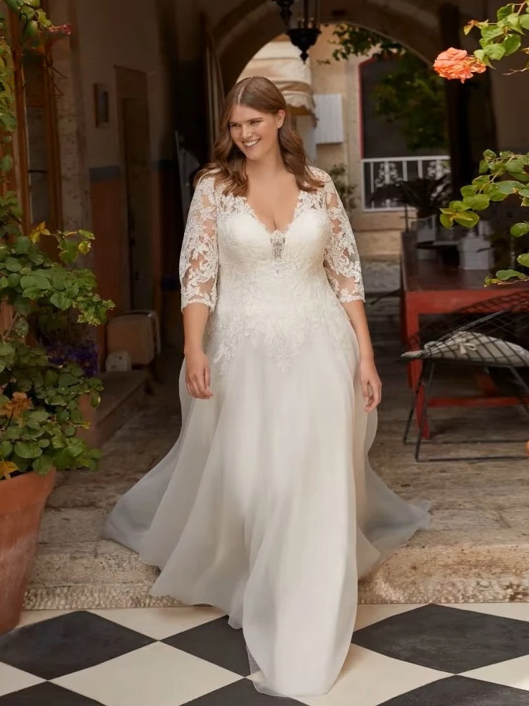 Classic Wedding Dresses Plus Size V-Neck 3/4 Sleeves Bride Gowns Appliques Sweep Train A-Line Organza Vestido De Noiva Ballgown 1 Classic Wedding Dresses Plus Size V-Neck 3/4 Sleeves Bride Gowns Appliques Sweep Train A-Line Organza Vestido De Noiva Ballgown