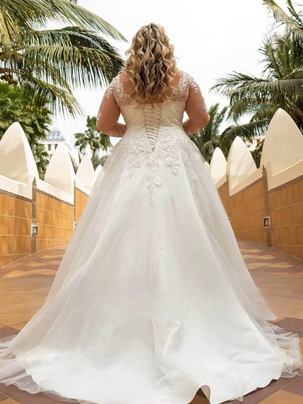 Elegant Wedding Dresses Plus Size 2023 V-Neck Full Sleeves Lace Up Long Bride Gowns Tulle A-Line Sweep Train Vestido De Noiva – Bild 2