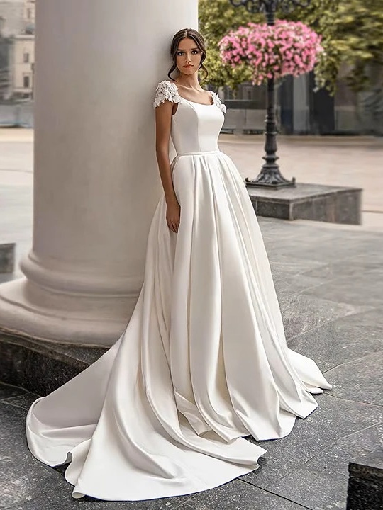 SoDigne Satin Wedding Dress For Women Elegant Cap Sleeves Scoop Neck Flowers Women A-Line Bridal Gown With Pockets Customized 3 SoDigne Satin Wedding Dress For Women Elegant Cap Sleeves Scoop Neck Flowers Women A-Line Bridal Gown With Pockets Customized – Bild 3