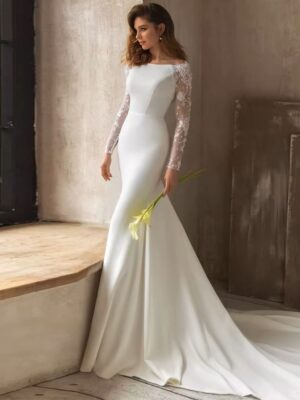 Gorgeous Lace Mermaid Wedding Dress Long Sleeve Modest Arabic Simple Bridal Gown Long Train Bride Dress Robe De Novia Customized