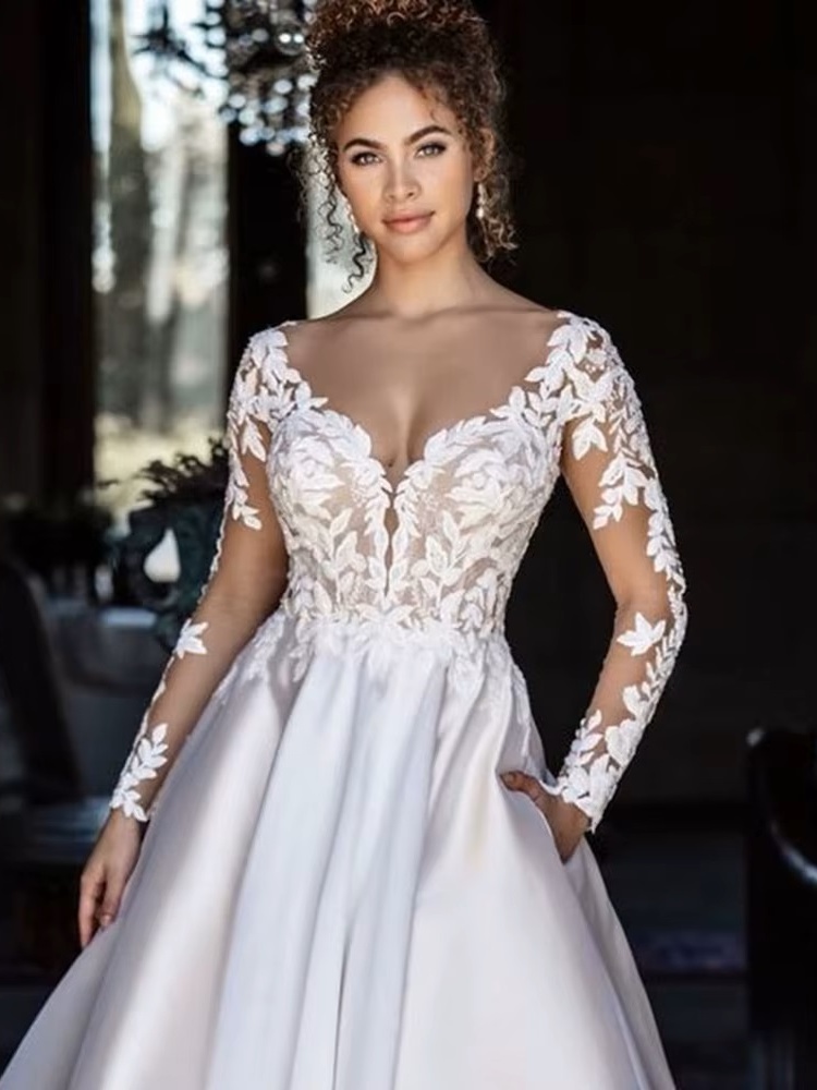 SoDigne Backless Boho Wedding Dresses With Pockets Long Sleeves V Neck Lace Bridal Dress Satin Bride Gowns Customized 3 SoDigne Backless Boho Wedding Dresses With Pockets Long Sleeves V Neck Lace Bridal Dress Satin Bride Gowns Customized – Bild 3