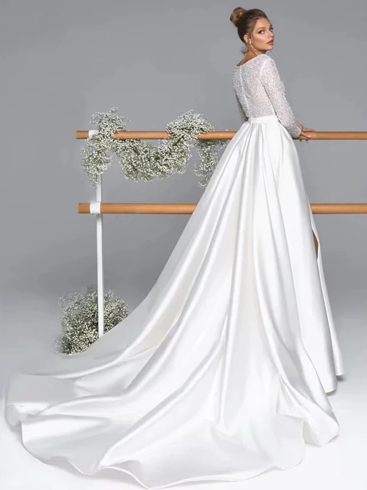 Luxury Long Sleeve Satin Wedding Dress Deep V-Neck Side Split Bridal Gown Vestido De Novia Train Vestidos De Novia Customized 2 Luxury Long Sleeve Satin Wedding Dress Deep V-Neck Side Split Bridal Gown Vestido De Novia Train Vestidos De Novia Customized – Bild 2