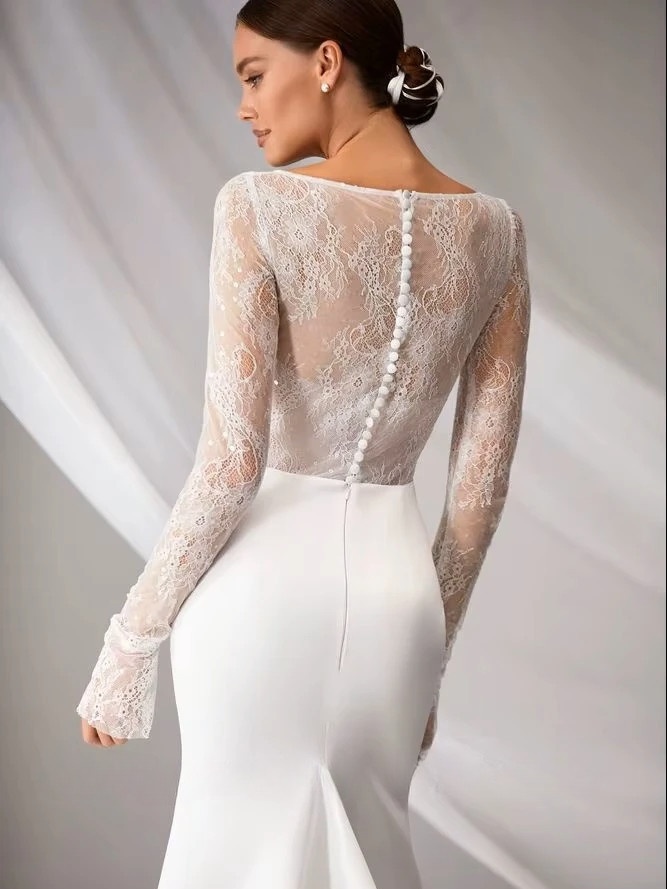 SoDigne Mermaid Elegant Wedding Dress Square Collar Full Sleeves Satin/Lace Bride Dresses Split Bridal Gown Vestido De Noiva 2 SoDigne Mermaid Elegant Wedding Dress Square Collar Full Sleeves Satin/Lace Bride Dresses Split Bridal Gown Vestido De Noiva – Bild 2