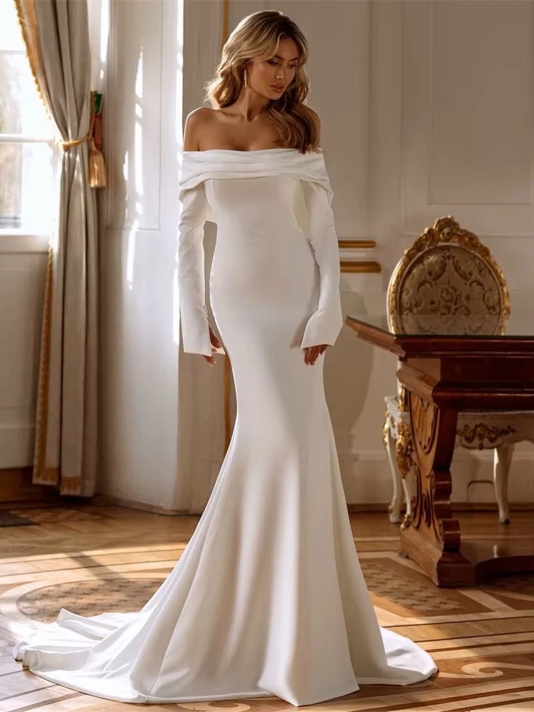 Modern Long Sleeves Mermaid Wedding Dress 2025 Off The Shoulder Pleat Open Back Train Bridal Gown Vestido De Noiva Customized 1 Modern Long Sleeves Mermaid Wedding Dress 2025 Off The Shoulder Pleat Open Back Train Bridal Gown Vestido De Noiva Customized
