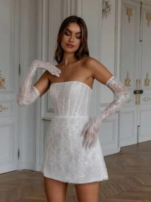 Simple A-Line Mini White Wedding Dress Sexy Strapless Formal Pleat Shiny Sequined Sleeveless Vintage Backless Short Customized