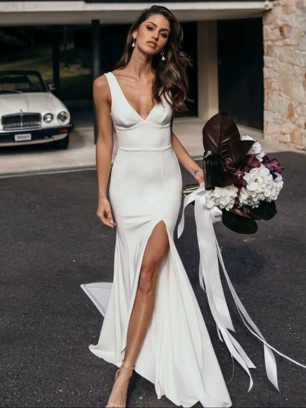 SoDigne Satin Simple Mermaid Wedding Dresses V-neck Sleeveless Elegant Bridal Dress Split Long Bride Gown vestidos de novia – Bild 3
