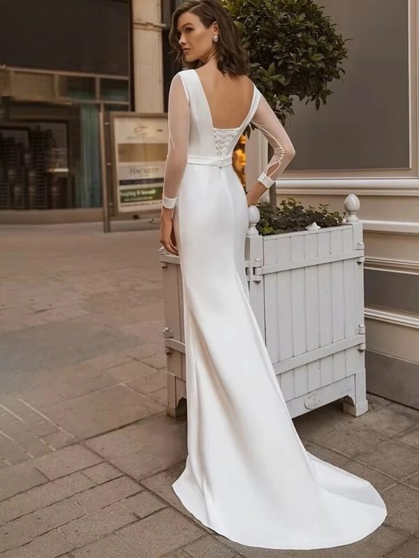 Elegant Long Sleeve Wedding Dress 2025 Mermaid Open Back Satin Backless O-Neck Bridal Gown  Lace Up Vestido De Novia Customized – Bild 2